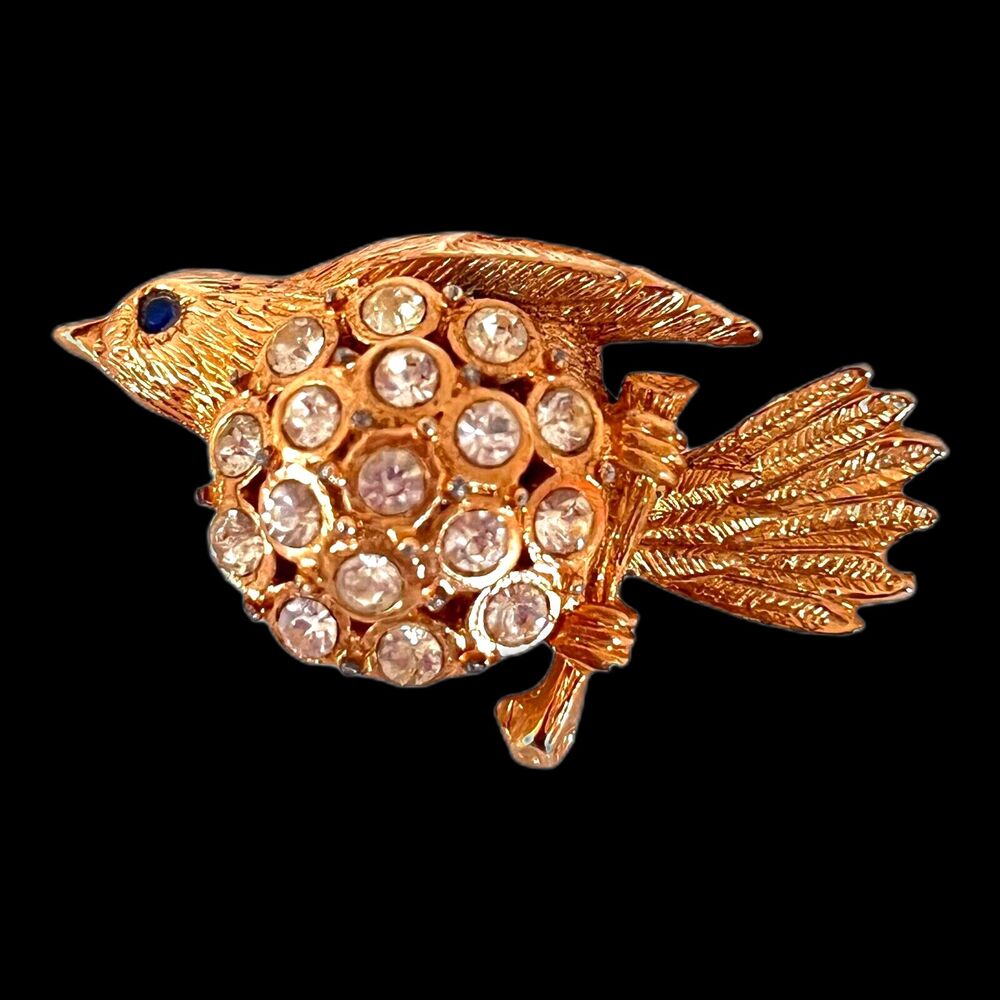 Vintage 1960s Rhinestone Bird Brooch Gold Tone Figural Pin Blue Eye - 6B